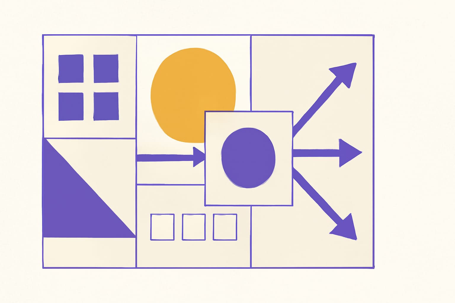 Editorial illustration in bauhaus-grid style depicting references grouped by target server flowing into a batch Bundle GET pattern