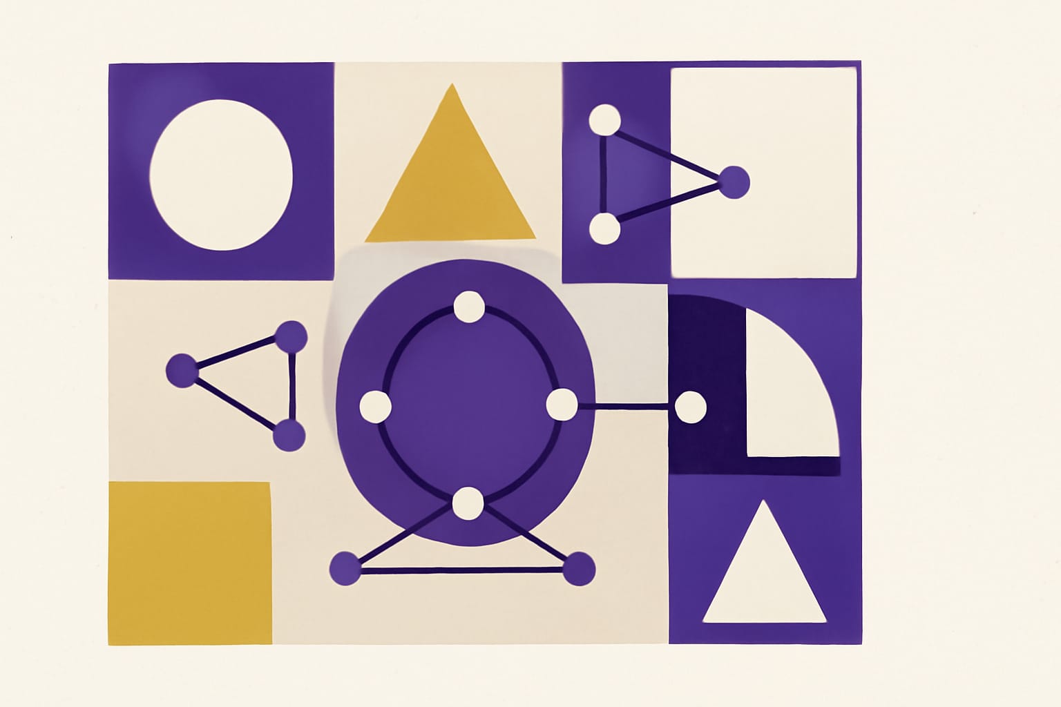 Editorial illustration in bauhaus-grid style depicting a reference graph with a detected cycle intercepted by a visited-set