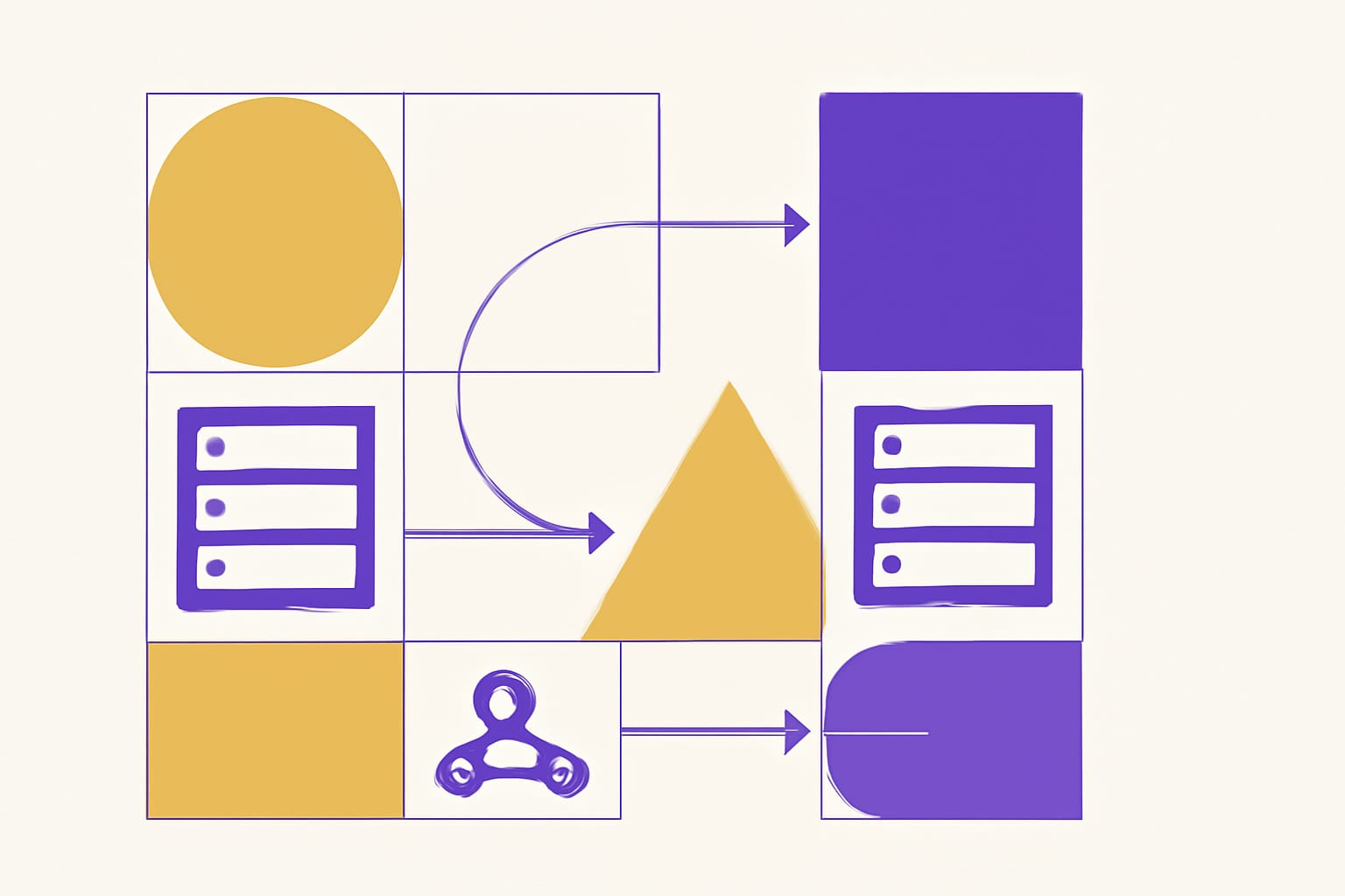 Editorial illustration in bauhaus-grid style depicting reference integrity across two federated FHIR servers with URL and identifier fallback
